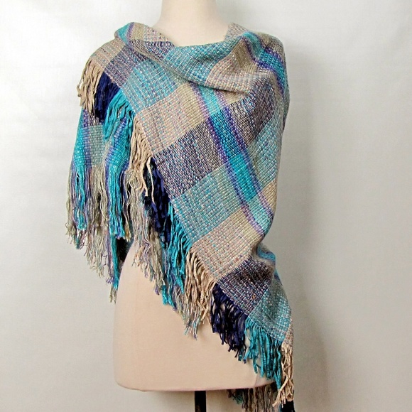 Nikos Sweaters - Hand Loomed Aqua and Grey Plaid Rayon Large Shawl